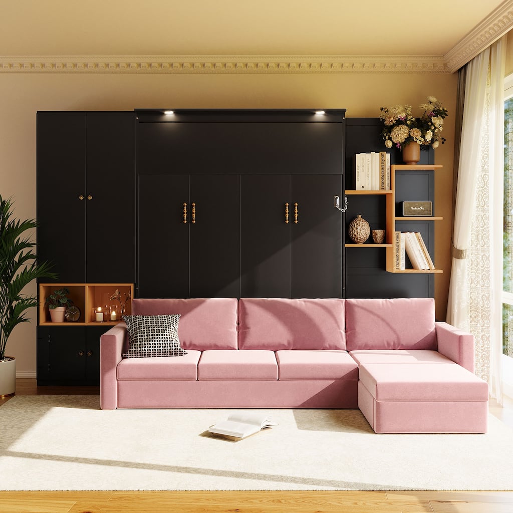 Queen Murphy Bed with Sofa and Cabinets Space Saving Sofa Wall Bed with Open Shelves and Dual Lights for Living Room Guest Room