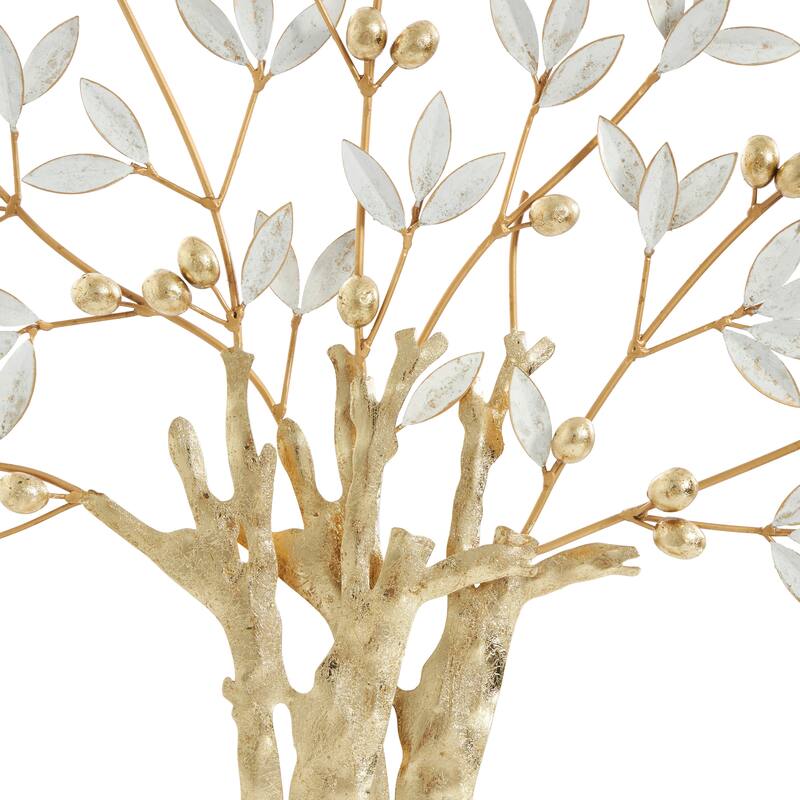 Gold Metal Metallic Tree Decorative Sculpture with White Leaves