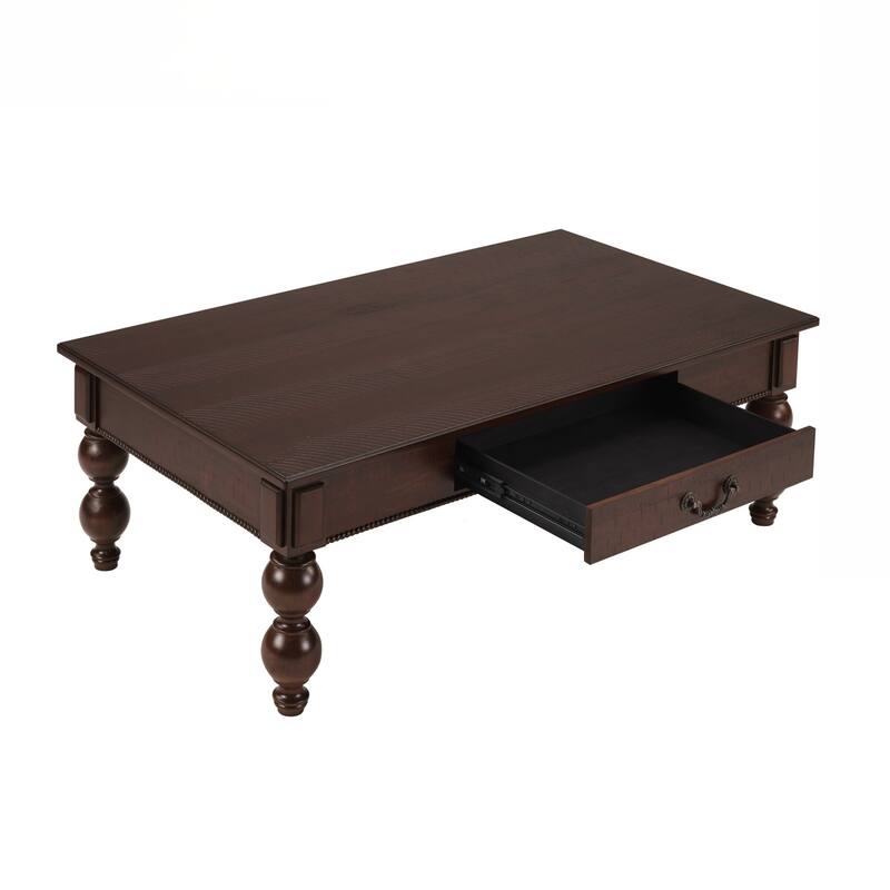 Rectangular Wooden Coffee Table with Storage Drawer, Vintage Cocktail Table with Solid Wood Gourd-Shaped Legs for Living Room