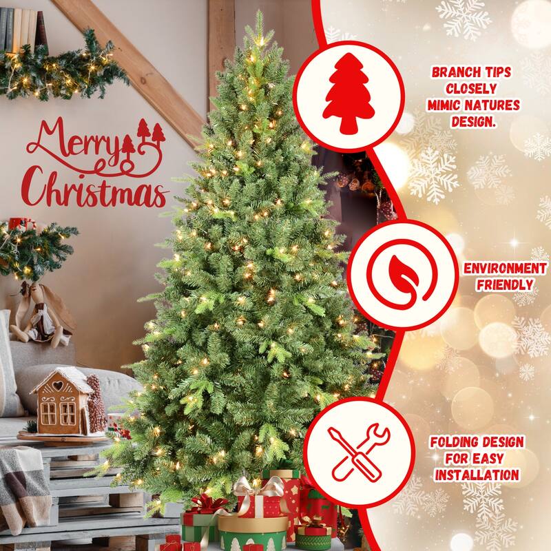5FT Pre-Lit Christmas Tree with 300 UL Warm White Lights - Classic Green Tree with 967 PE+PVC Tips, Hinged Branches,Metal Stand