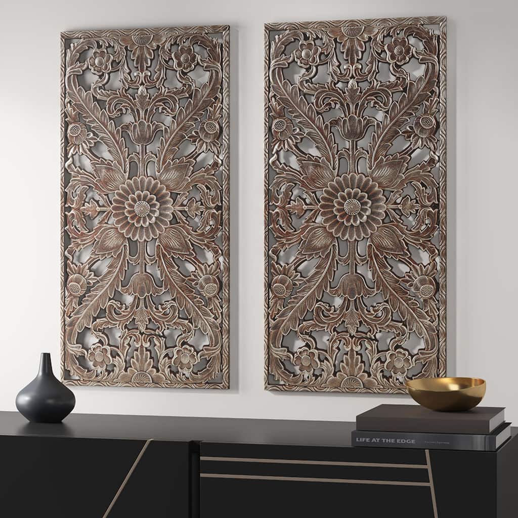 Roomfitters 2-Piece Distressed Carved Wood Wall Decor Set, 32x16 Floral MDF Panels, Dimensional Art