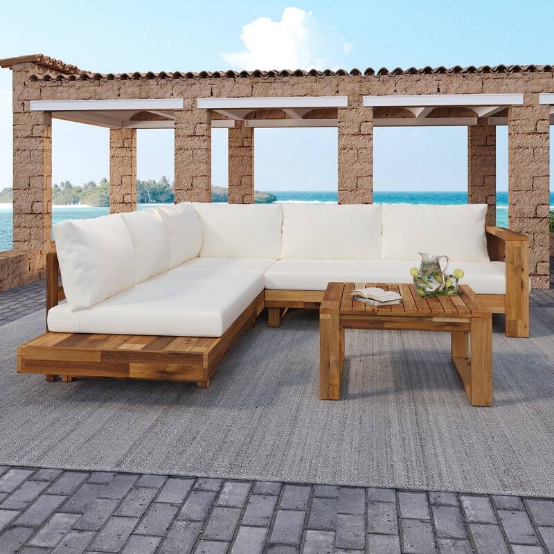 4-Piece Acacia Wood Outdoor Sectional Patio Sofa Set with Cushions and Coffee Table, Natural Slatted Design