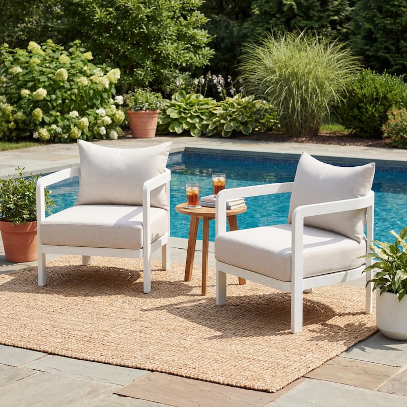 Christopher Knight Home - Modern 27.6" Outdoor Curved Back Patio Club Chair with Aluminum Frame & Water-Resistant Cushions - Set of 2 - White Frame+Beige