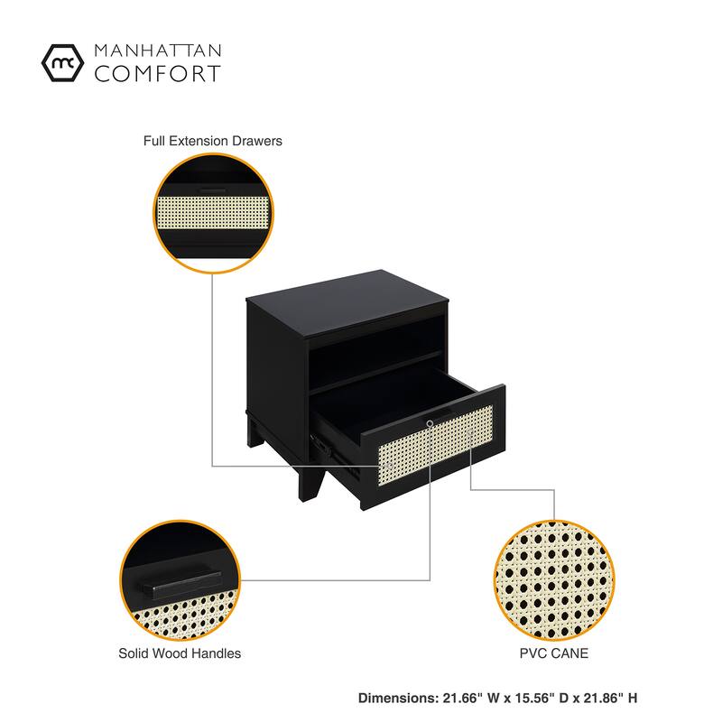 Modern Black Cane Nightstand with Drawer and Cubby Space