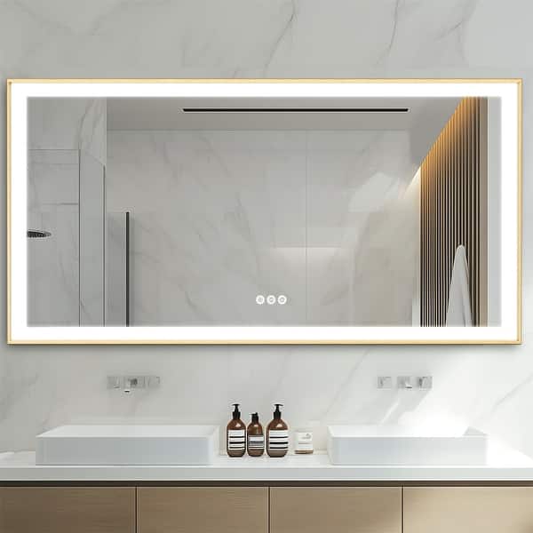 Smart LED Light Bathroom Mirror with Golden Narrow Frame - On Sale