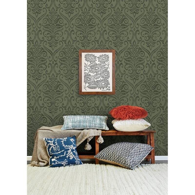 Chesapeake Adavu Dark Green Damask Wallpaper