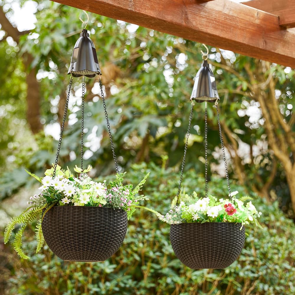 Glitzhome 30"H Solar Lighted Plastic Hanging Planter Basket