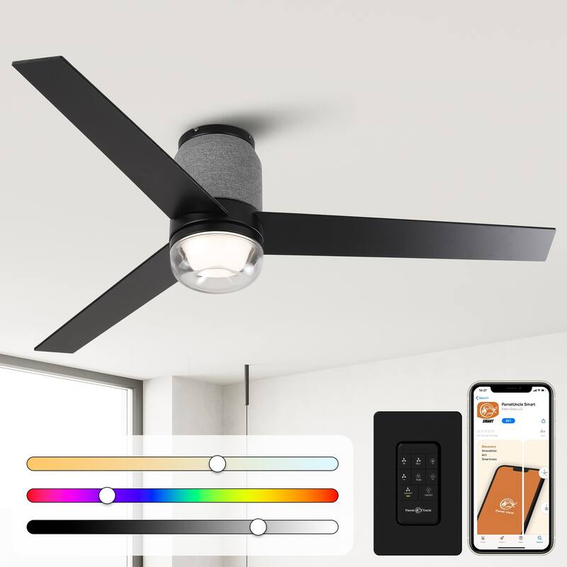 52" Modern Black Flush Mount LED Smart Ceiling Fan with RGB Light and Remote, App Control, Voice Control