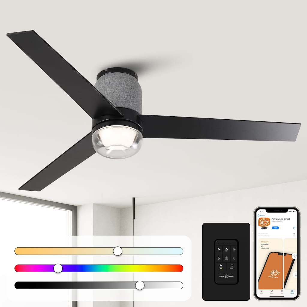 52" Modern Black Flush Mount LED Smart Ceiling Fan with RGB Light and Remote, App Control, Voice Control
