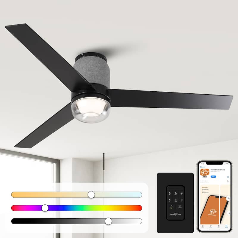 52" Modern Black RGB LED Smart Flush Mount Ceiling Fan with Light and Remote, App Control, Voice Control