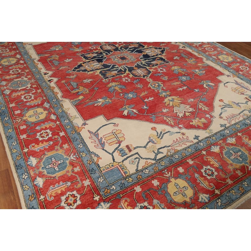 Vegetable Dye Heriz Oriental Rug Hand-Knotted Traditional Wool Carpet - 9'1" x 12'0"