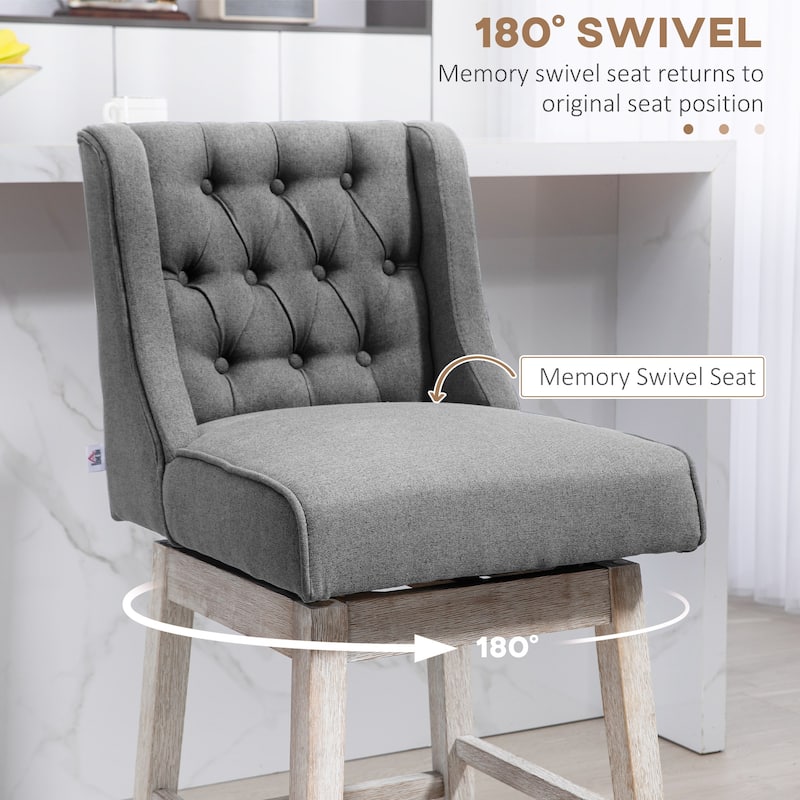 Set of 2 Vintage Swivel Counter Height Bar Stools with Linen Upholstered and Rubber Wood Legs - 18" L x 22.5" W x 39.75" D