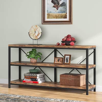 55" Rustic Brown Industrial Console Table with 3-Tier Storage Shelves for Entryway or Living Room