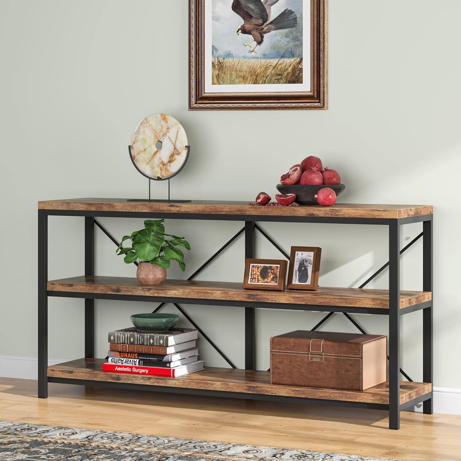 55" Rustic Brown Industrial Console Table with 3-Tier Storage Shelves for Entryway or Living Room