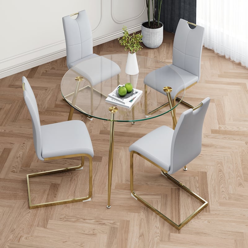47.2" Luxury Glass Dining Table Set for 4, Circle Kitchen Table with 4 PU Chairs, 5-Piece Modern Dining Table and Chair Set