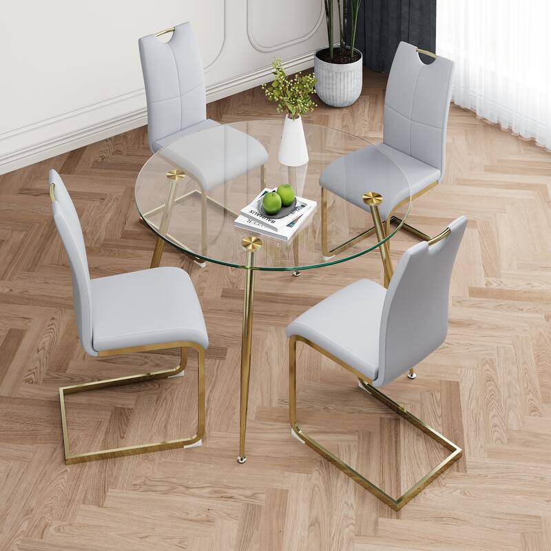 Modern Round Glass Dining Table & Chairs Set Breakfast Nook with 4 Grey ...
