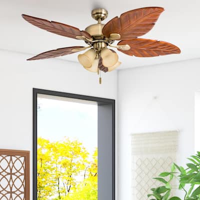 52" Honeywell Royal Palm Aged Brass LED Ceiling Fan with Light, Hand Carved Solid Wood Blades