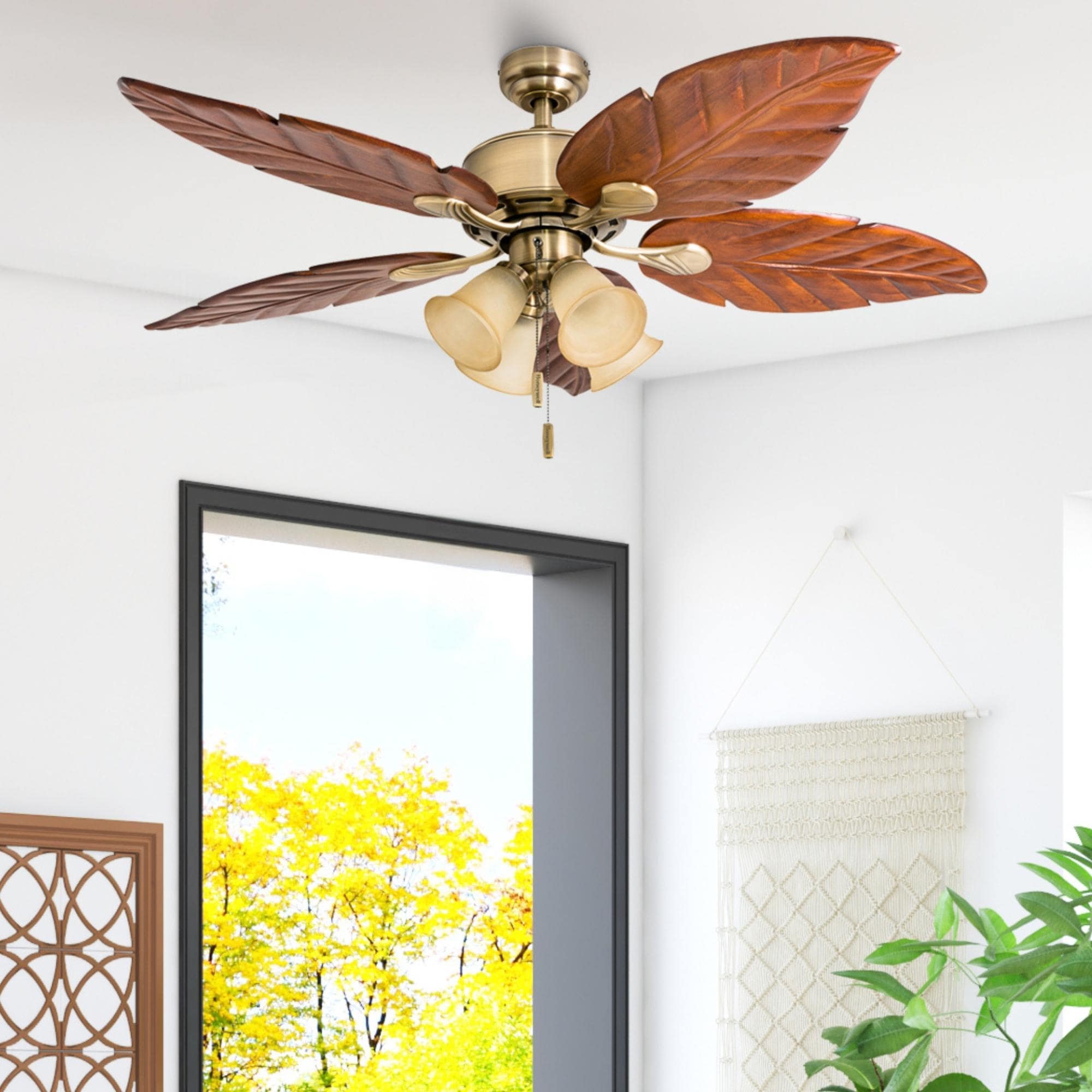 52" Honeywell Royal Palm Aged Brass LED Ceiling Fan with Light, Hand Carved Solid Wood Blades