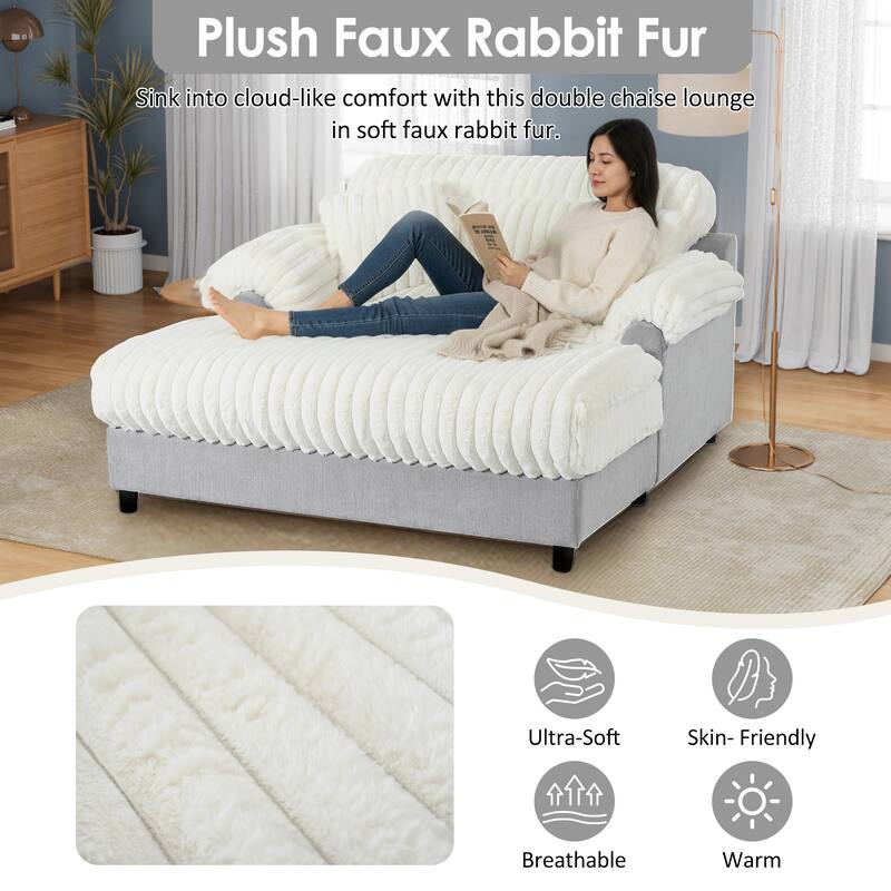 Modern Oversized Chaise Lounge Sofa for Living Room, 65.25" Cloud Sleeper Sofa Plush Faux Fur Sofa Couch with 2 Pillows