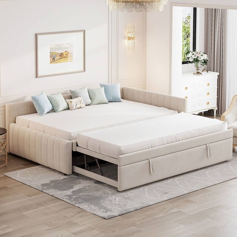 Full Size L-Shaped Upholstered Daybed with Twin Size Pop Up Trundle