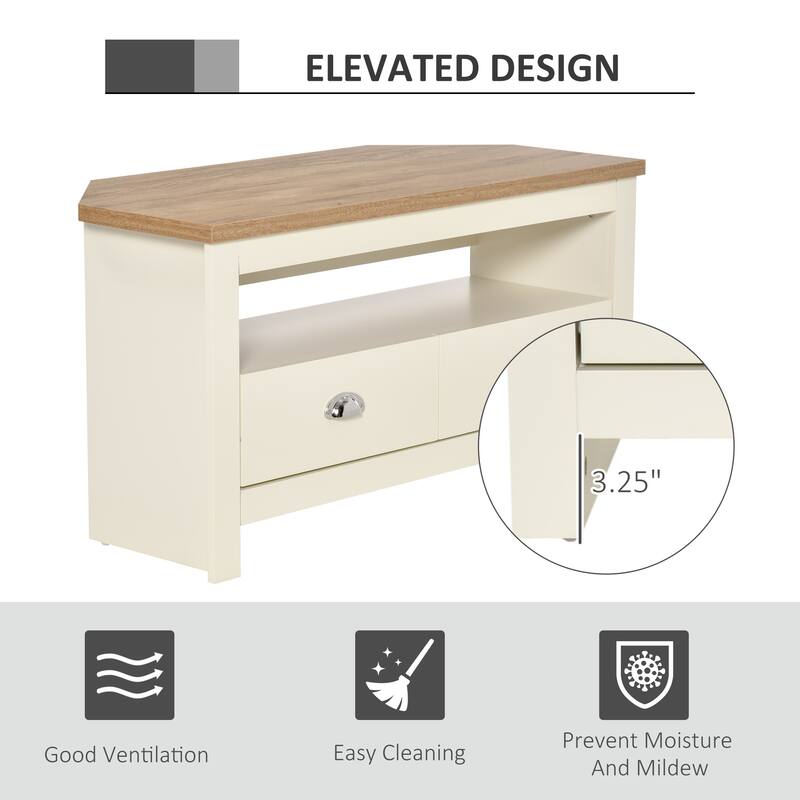 Modern Corner TV Stand Entertainment Center TV Console Table up to 50" with 2 Drawers and 1 Open Shelf, for Living Room, White