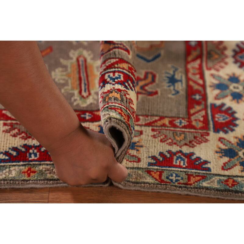 Geometric Grey Kazak Accent Rug Hand-Knotted Wool Carpet - 3'8"x 4'11"