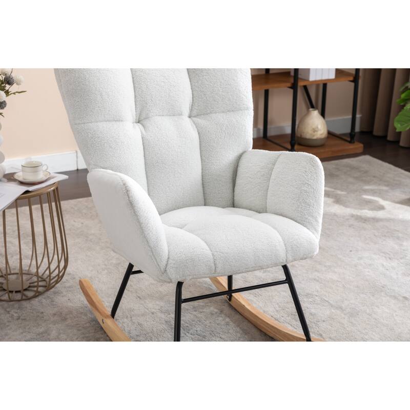Teddy Fabric Upholstered Glider Rocker, Reading Chair with Thick Padded Seat, High Backrest Armchair with Wooden Legs
