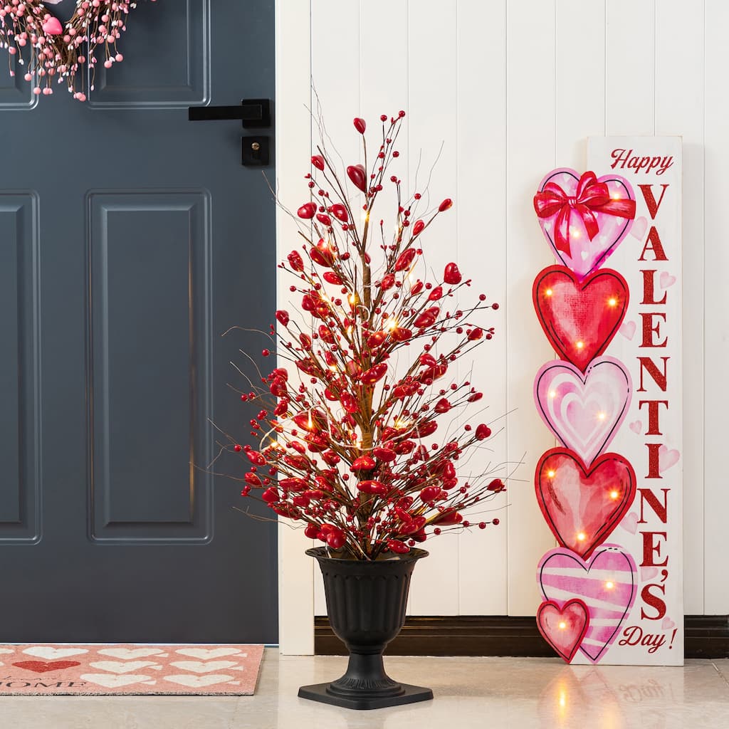 Glitzhome 36"H Valentine's Lighted Berry Heart Urn Porch Tree w/Timer