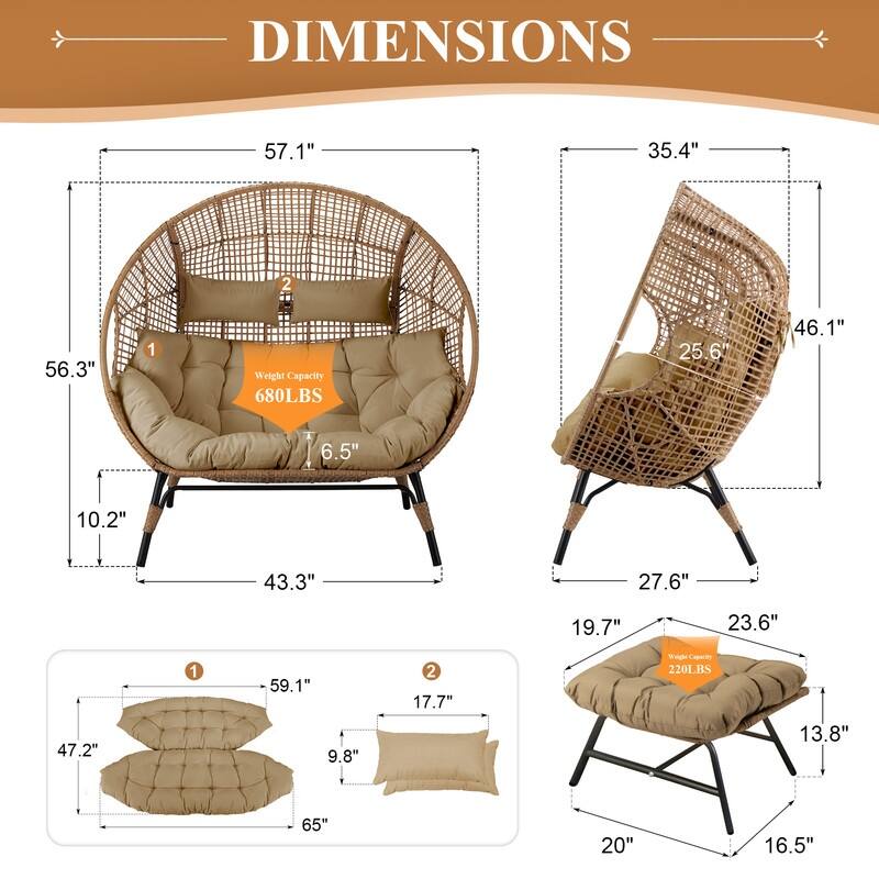 FINCATI Double Egg Chair with 2 Ottomans & Rain Cover, 680-lb Capacity