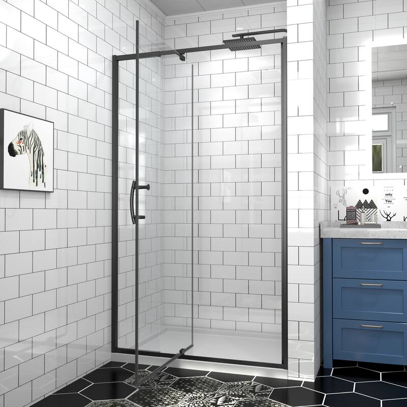 Modland 42''/48''/54''/60''W x 71''H Frameless Pivot Swing Shower Door Enclosure with 1/4" SGCC Tempered Glass Door - 42x71 - Matte Black