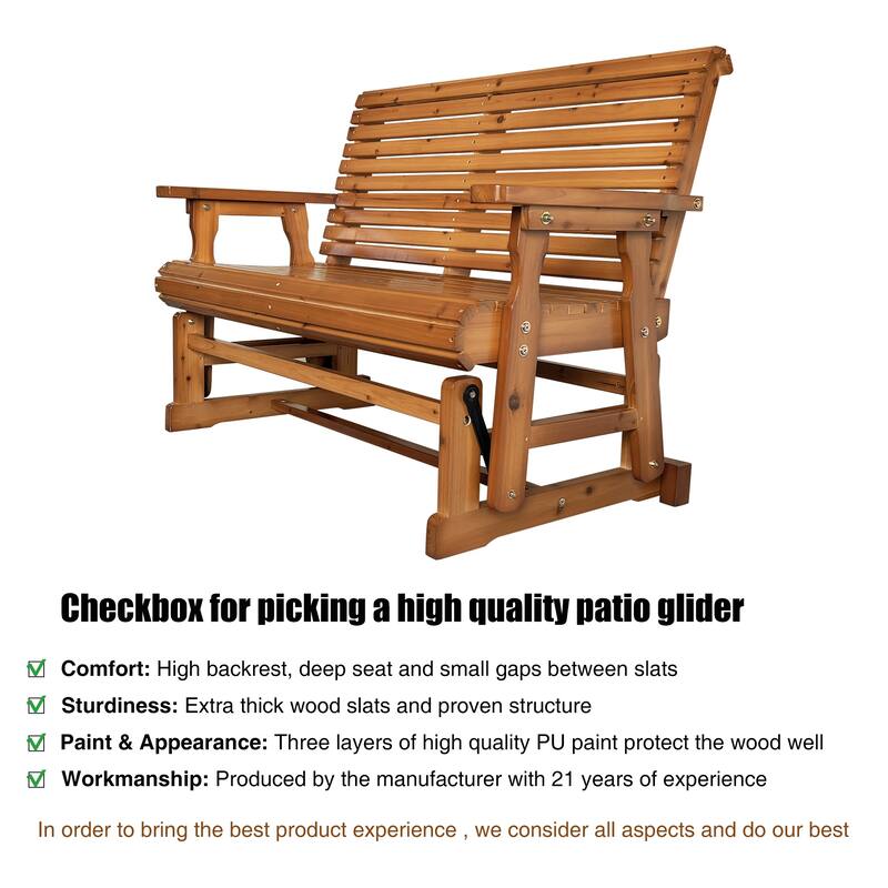 Wooden Patio Glider with High Roll Back and Deep Contoured Seat