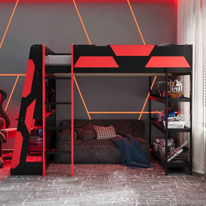Full Size Gaming Loft Bed Station with Desk, Storage Shelves & RGB LED Lights