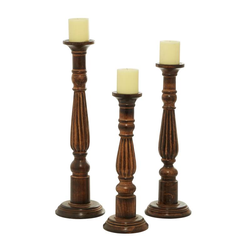 Brown Mango Wood Tall Turned Decorative Candle Holder (Set of 3)