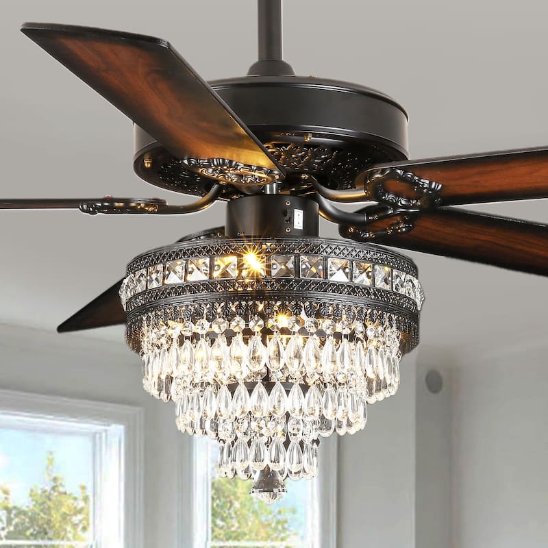 52"/62" Modern Crystal Chandelier Ceiling Fan Light,Reversible Airflow,E12 Bulbs,for Bedroom,Kitchen,Patio