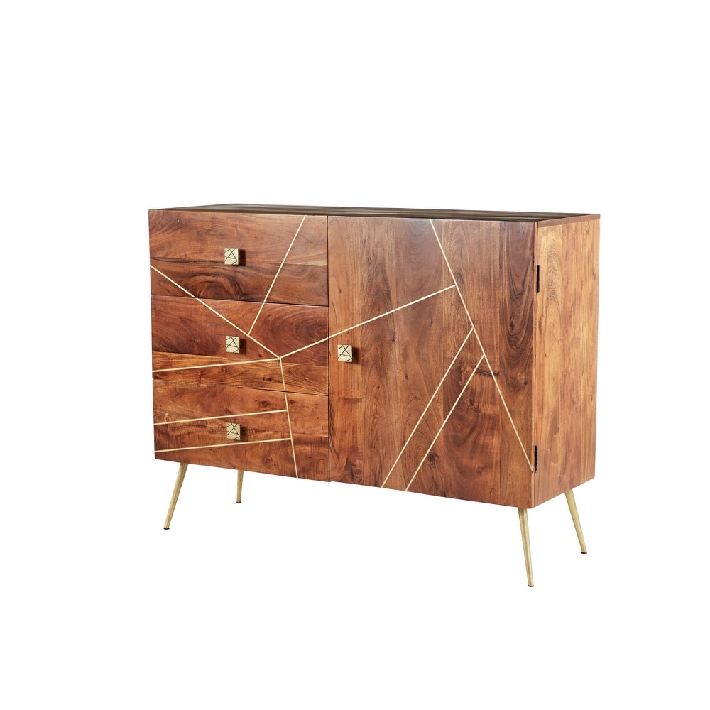 Studio 350 Rectangular Wood 3-Drawer Buffet Cabinet With Gold Metal Abstract Patterned Inlay And Base 46" X 36" - 46 x 16 x 36 (46 x 16 x 36 - Brown)