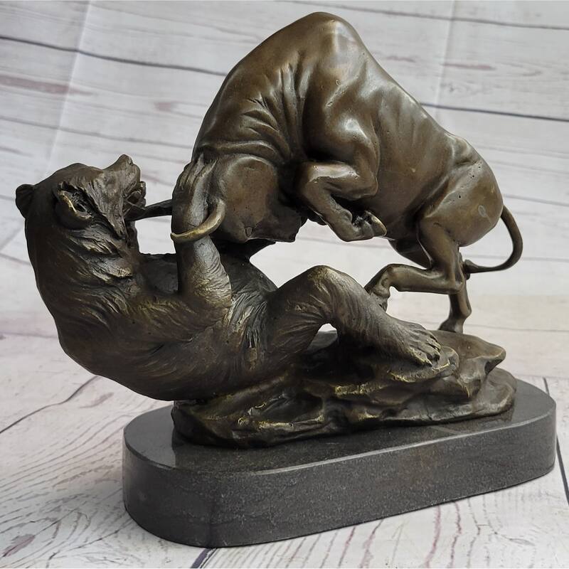 Wall Street Bull Vs Bear Market Bronze Metal Desktop Statue Sculpture 9 Inches X 11 Inches