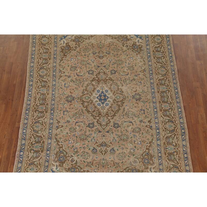 Traditional Mashad Persian Vintage Rug Handmade Orange Wool Carpet - 6'4"x 9'2"