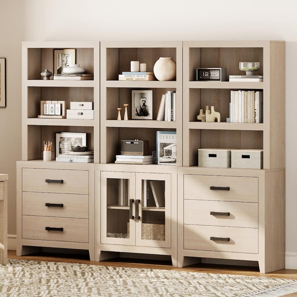 WAMPAT 74" Tall Bookshelf with Glass Doors and Drawers, 3-Tier Farmhouse Storage Cabinet