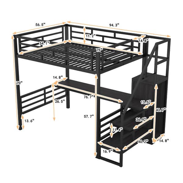 Full Size Metal Loft Bed with Desk, Storage Staircase and Small Wardrobe, Storage stairs can be installed left and right, Black