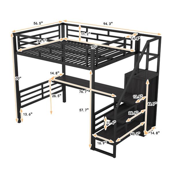 dimension image slide 0 of 2, Full Size Metal Loft Bed with Desk, Storage Staircase and Small Wardrobe, Storage stairs can be installed left and right, White