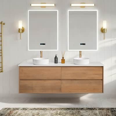 Sylphar 72 inch Toffee Oak Floating Bathroom Vanity with White Quartz Top