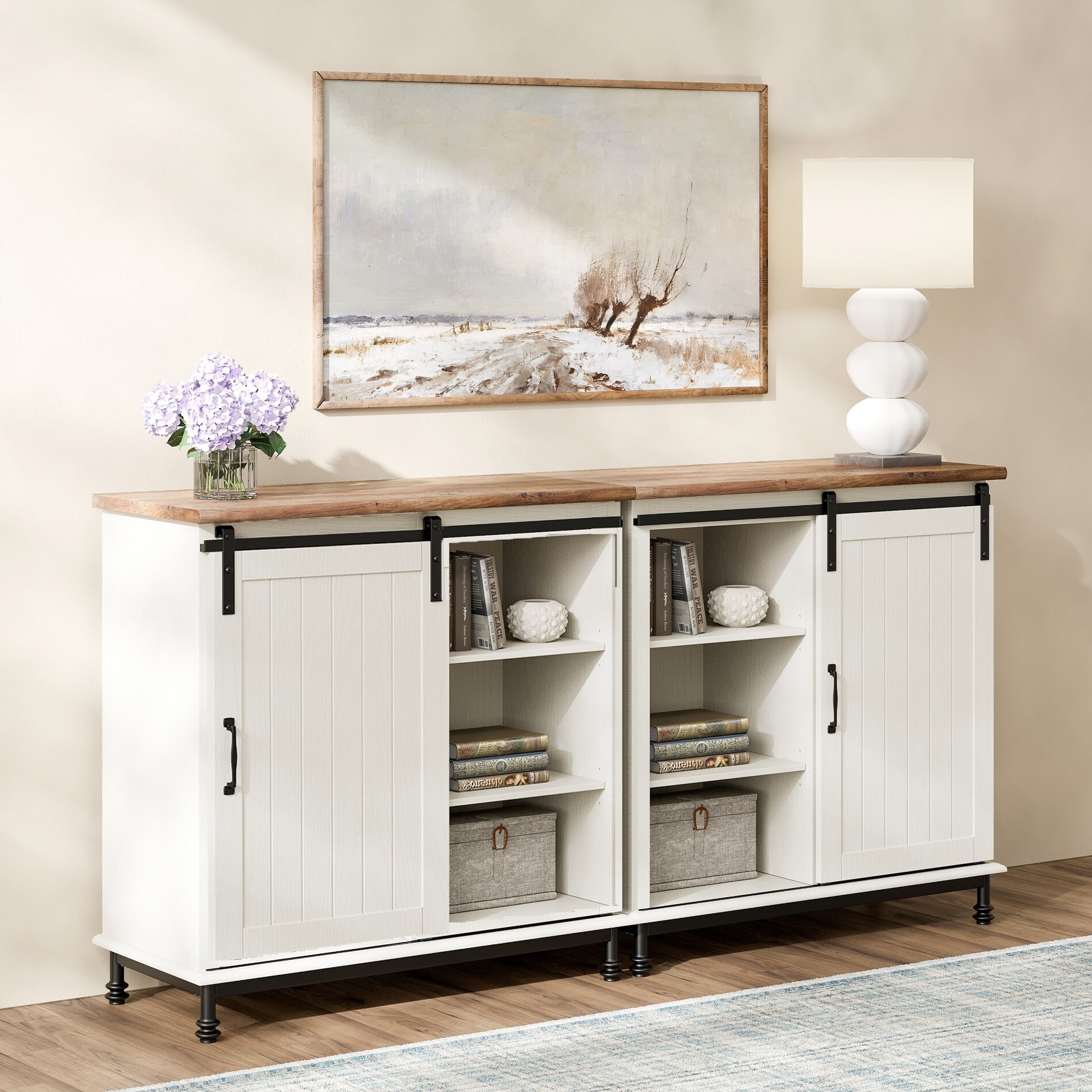 White barn door buffet hot sale cabinet