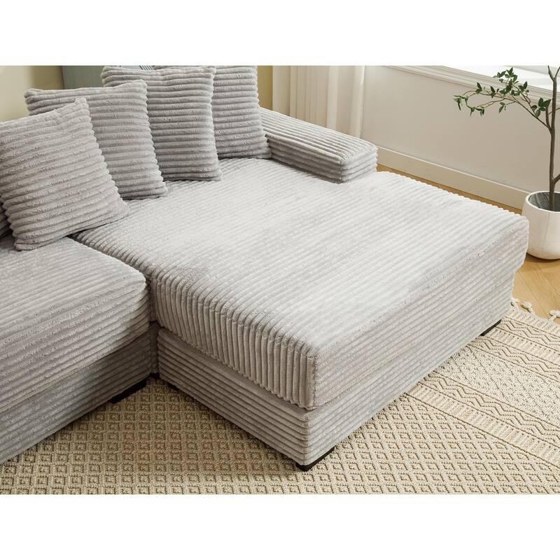 Oversized Two-Piece L Shaped Corduroy Corner Sofa with Eight Throw Pillows, Gray
