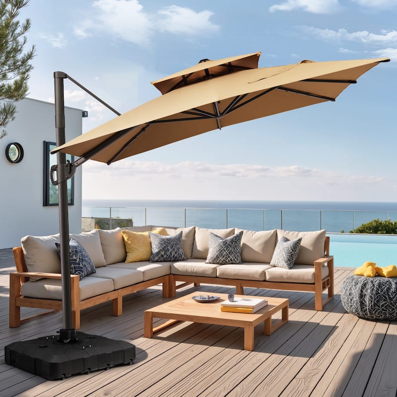 Pellebant 9 FT x 11 FT Outdoor Double Top Patio Cantilever Offset Umbrella with Base Stand
