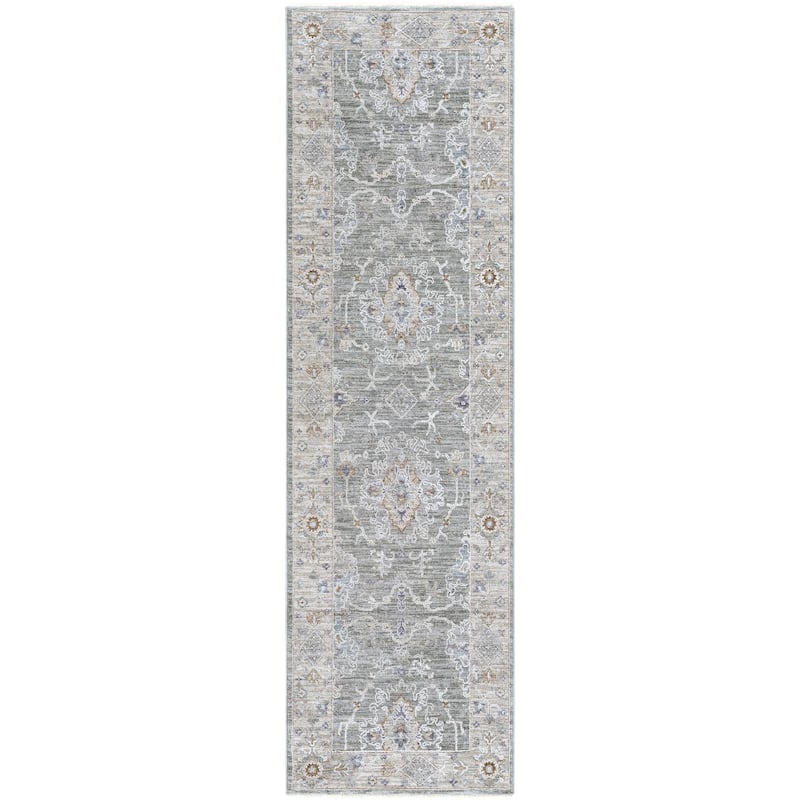 Hunza Updated Traditional Medallion Area Rug - Dark Grey - 2' 2" x 7' 9"
