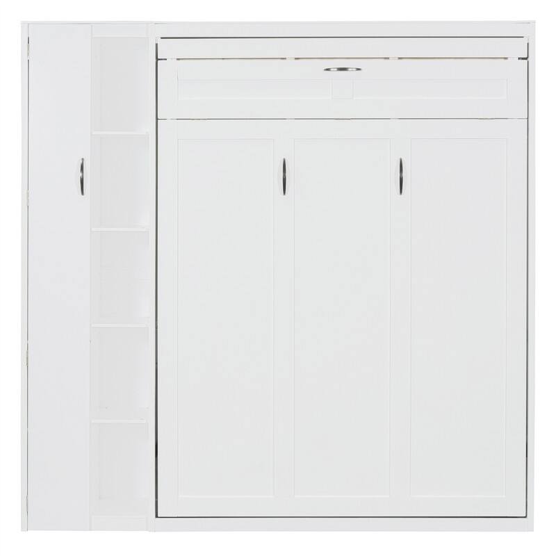 Full/Queen Size Murphy Bed Wall Bed with LED Lights and Storage Cabinet, Foldable Murphy Cabinet Bed with Open Storage Shelves
