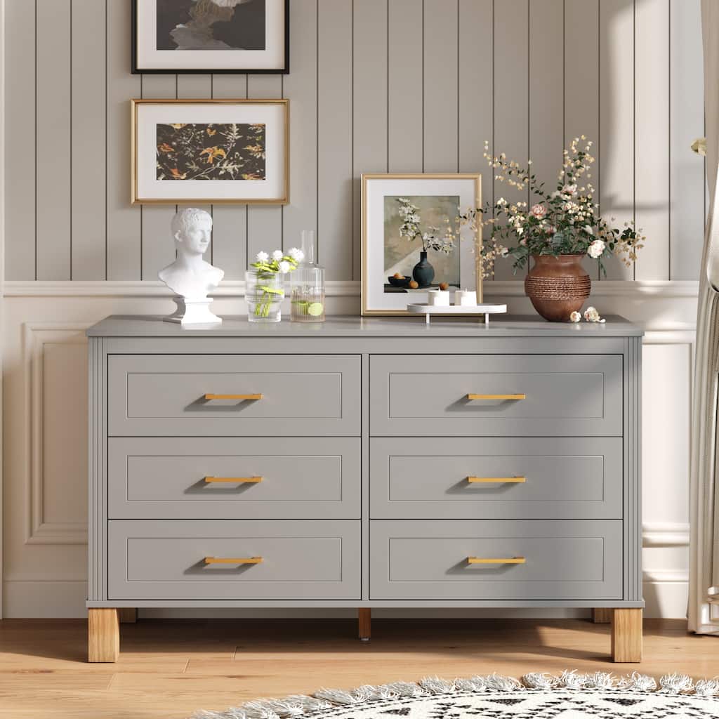 6-Drawer Double Dresser, Modern Storage Cabinet with Metal Handles & Solid Wood Legs