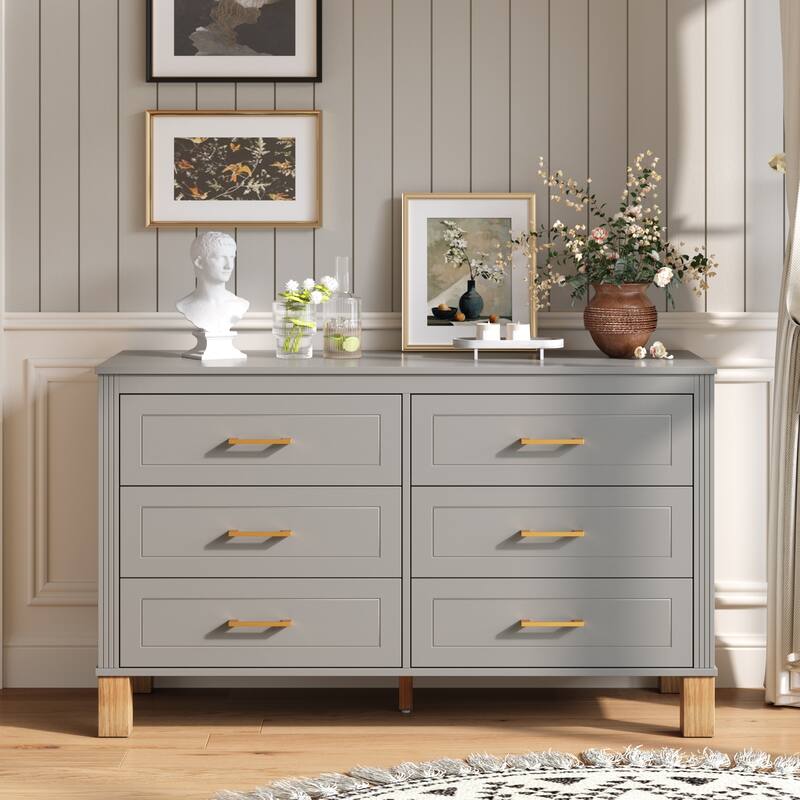 Wooden Double Dresser Dressing Table, Chest of 6 Drawers for Bedroom Living Room Entryway