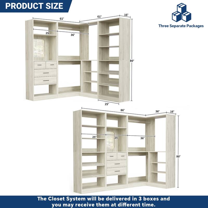Cimly Set of 3 Corner Closet System with Drawers and Mirror, Multi-functional Closet Organizer with Shoe Racks