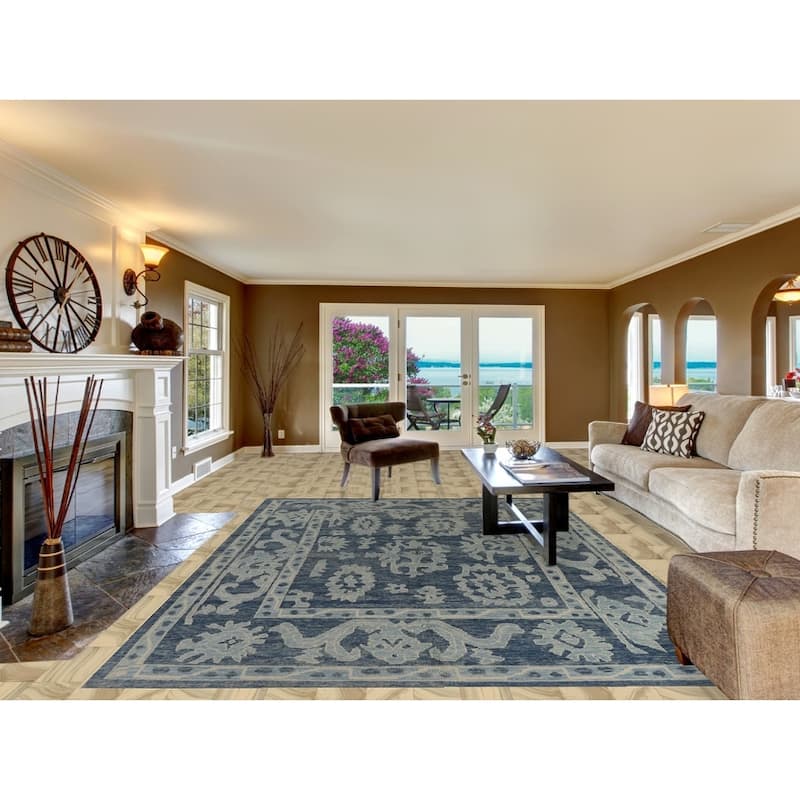 Hand Knotted Oriental 100% Wool Carpet Transitional All-Over Navy Blue & Blues Oushak Area Rug - 11' 10'' X 7' 11''